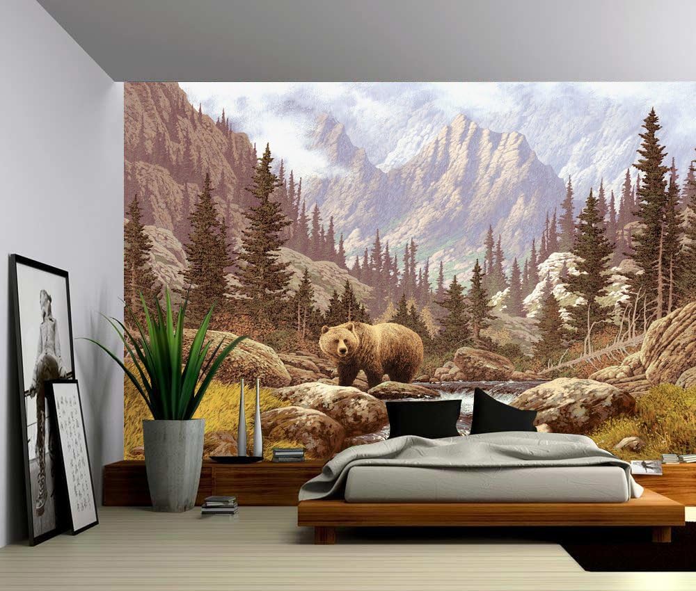 Picture Sensations Canvas Texture Wall Mural, Grizzly Bear Mountain Stream, Self-Adhesive Vinyl Wallpaper, Peel & Stick Fabric Wall Decal - 144x96