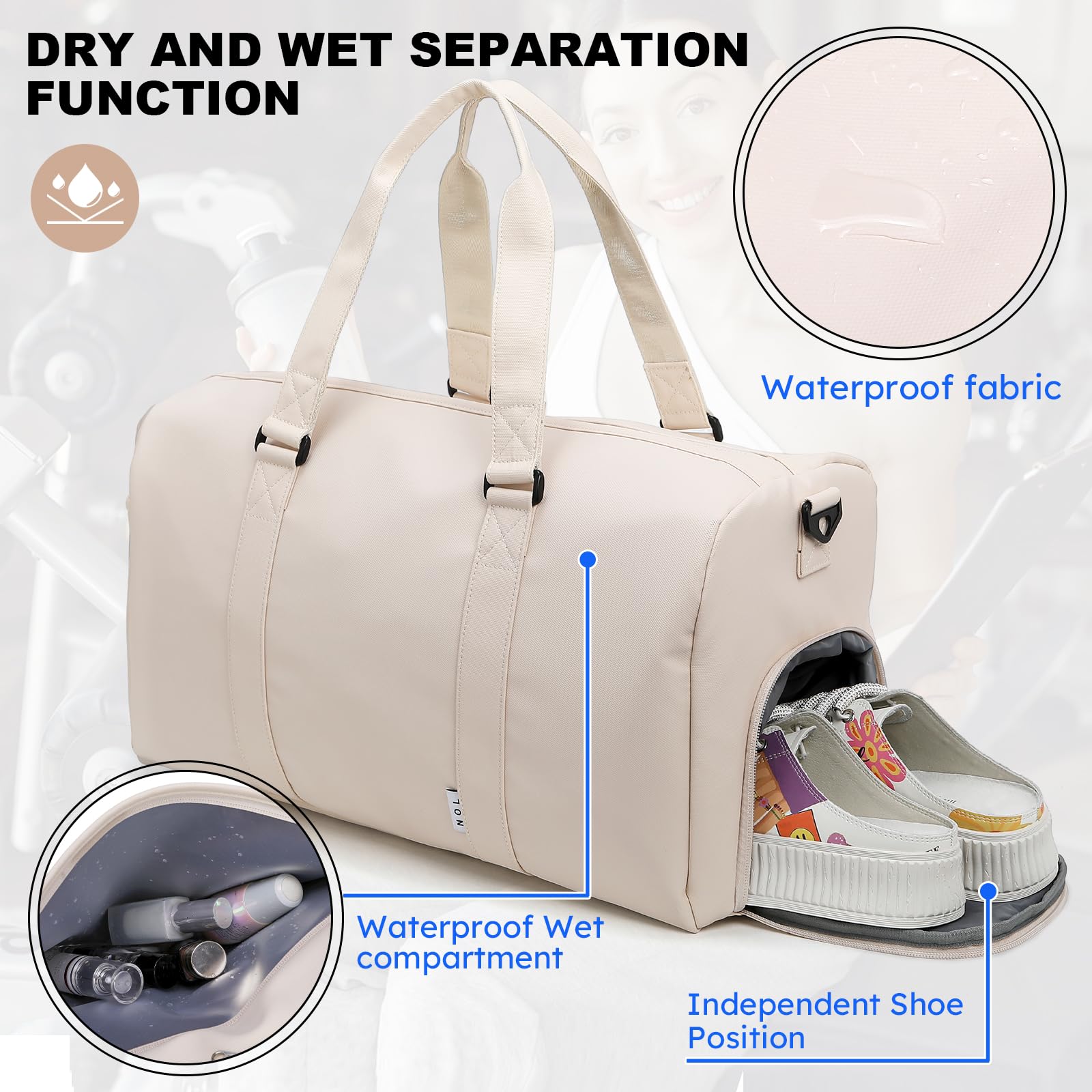 NOL Sports Turnbeutel für Damen und Herren, Seesack für Reisen, wasserdichte Handgepäcktasche mit Schuhfach & Nasstasche, 4, Cream, Modern