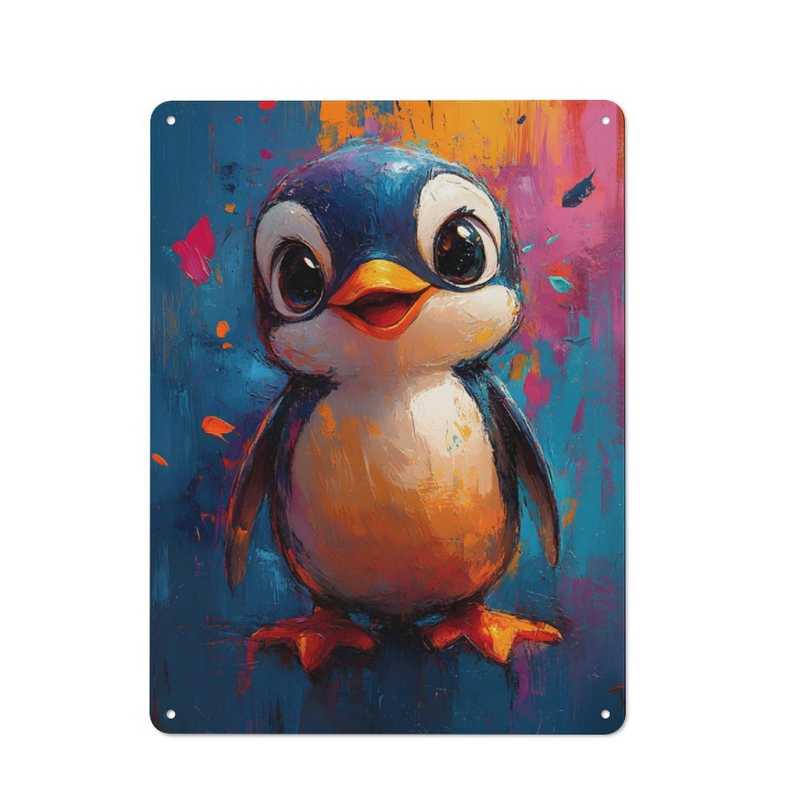 Smiling Penguin Oil Painting Metal Wall Plaque 40x30cm, Everyday Small Space Decor for Flat, Dorm Room, Lounge Or Cafe