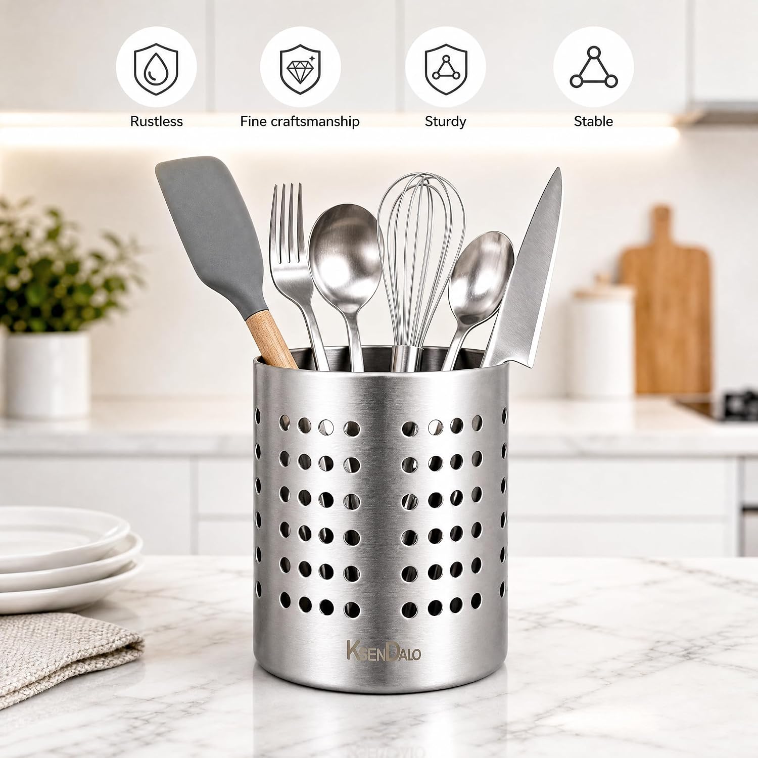 KSENDALO SUS304 Small Stainless Steel Utensil Holder for Countertop, Silver