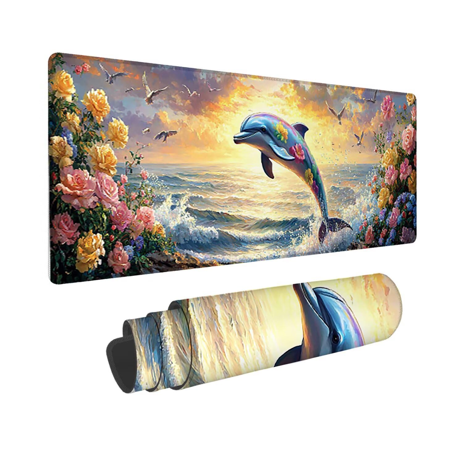 Podkładka pod mysz do gier XXL duża mysz 1200 x 500 mm, duża podkładka pod biurko z antypoślizgową gumową podstawą dla graczy, poprawia precyzję i szybkość (delfiny oceanu) o-285
