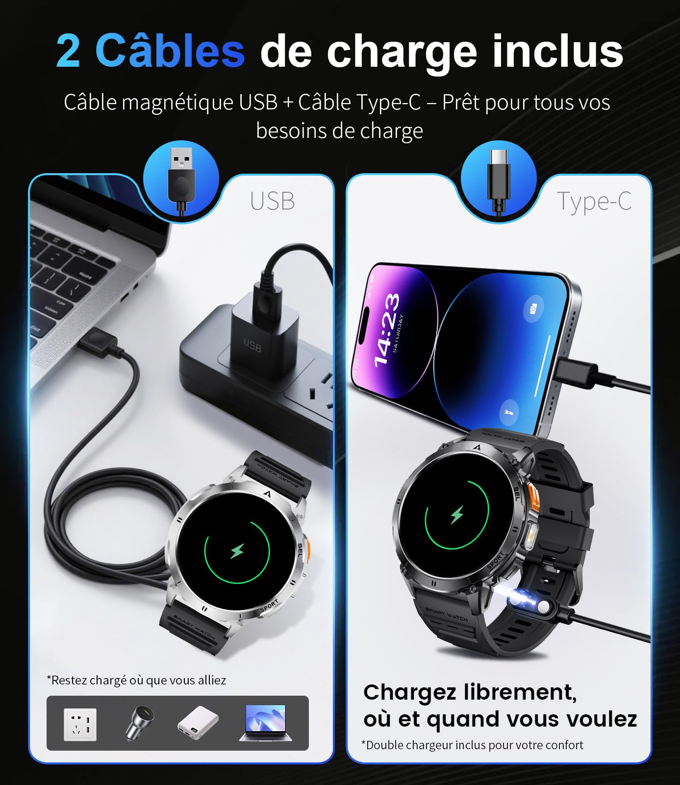 Montre Connectée Homme avec Appels Bluetooth et Écran HD AMOLED 1.62", Étanche IP68 et Batterie 730mAh Smartwatch avec 110+ Modes Sportifs/Sommeil Moniteur pour Android iOS, 2 Chargeurs(Type-C, USB)