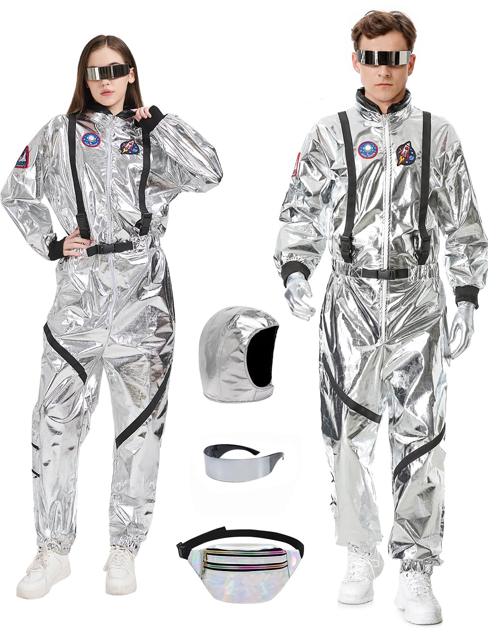 Dzorim Adult Astronaut Jumpsuit Costume for Men Women Silver Spaceman Cosplay Space Uniform Suit Outfit for Halloween Carnival