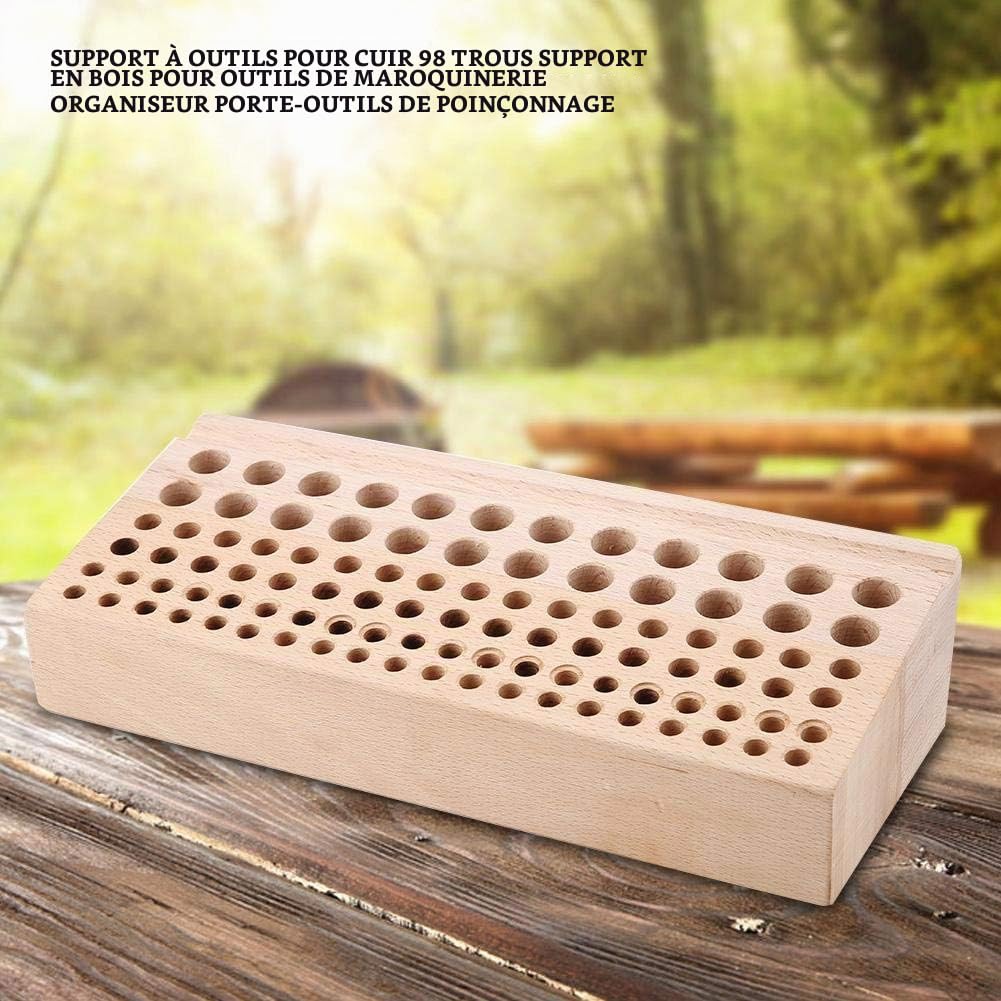 Trousse en caoutchouc pour maroquinerie, 98 embouts interchangeables, support en bois intégré, outil de perforation précis for artisans cuir, débutants et professionnels