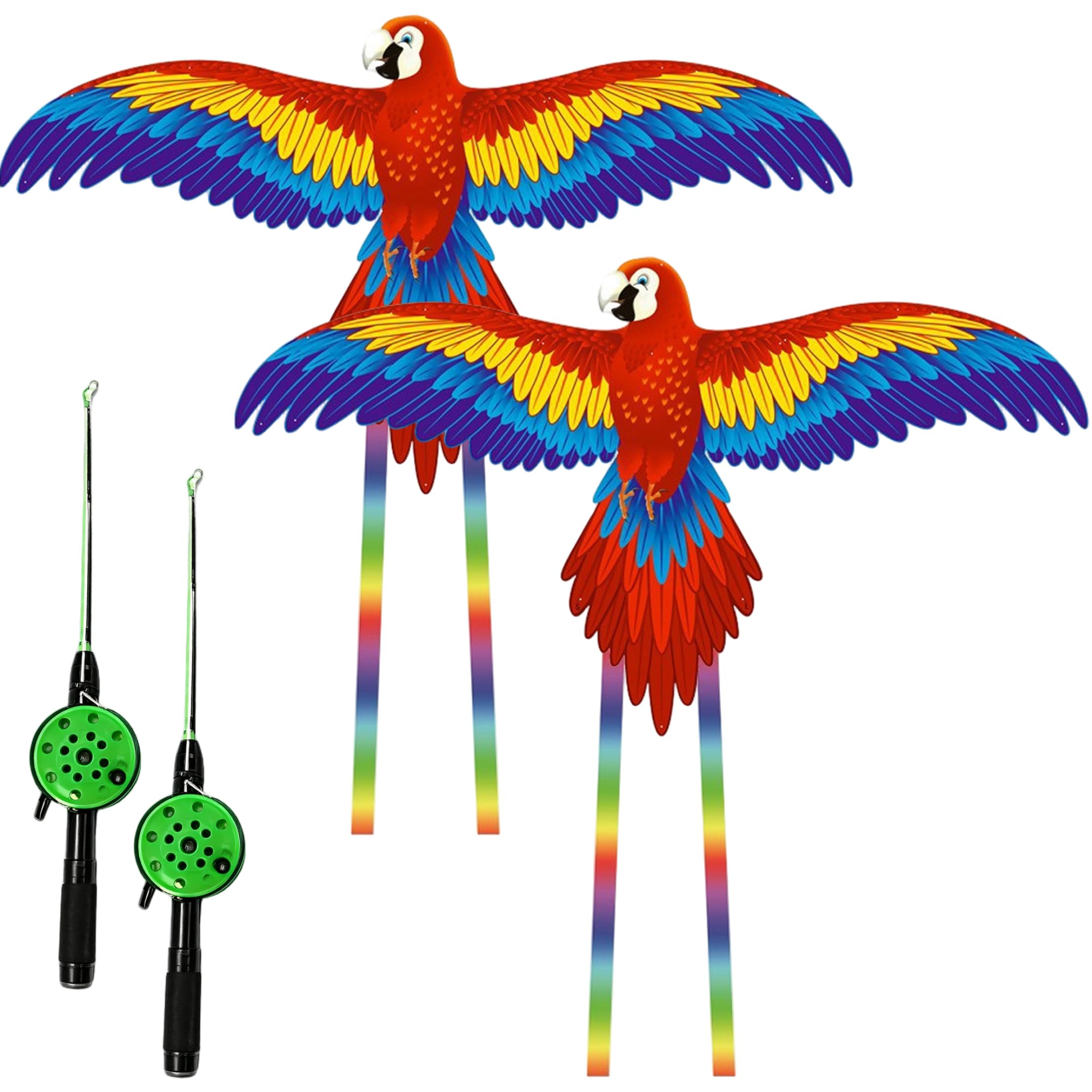 2 Sets Bird Kite For Kids, 19.7inch Dynamic Parrot Kites With Lightweight Carbon Frame, Handbrake Fishing Rod & 30m Line