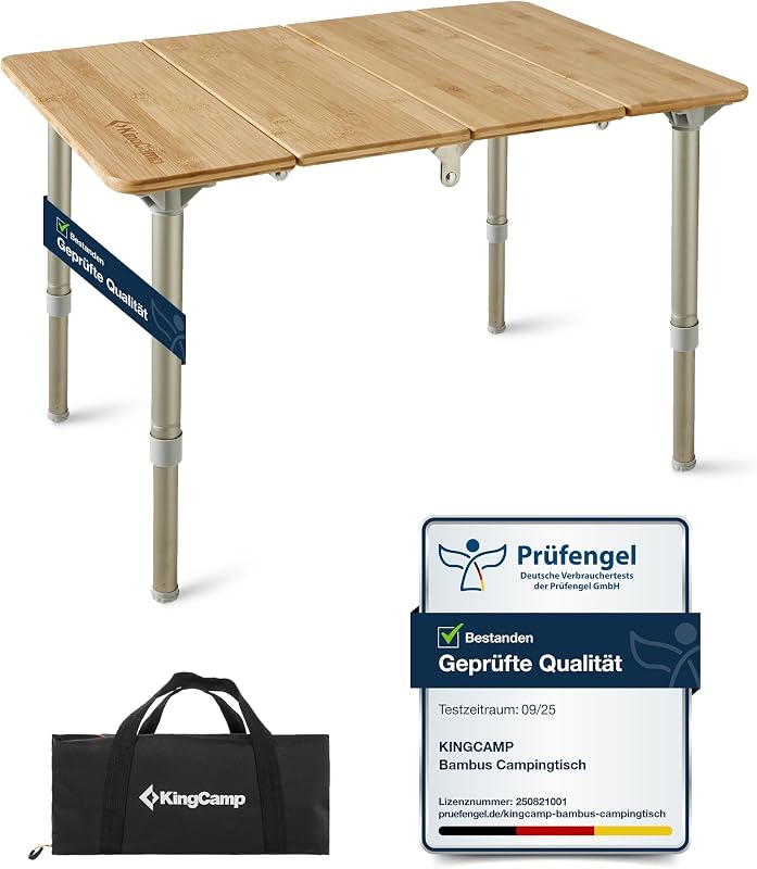 KingCamp bambusz összecsukható kempingasztal hordtáskával, állítható magasságú lábakkal - 47.2" x 27.6", BambooFold
