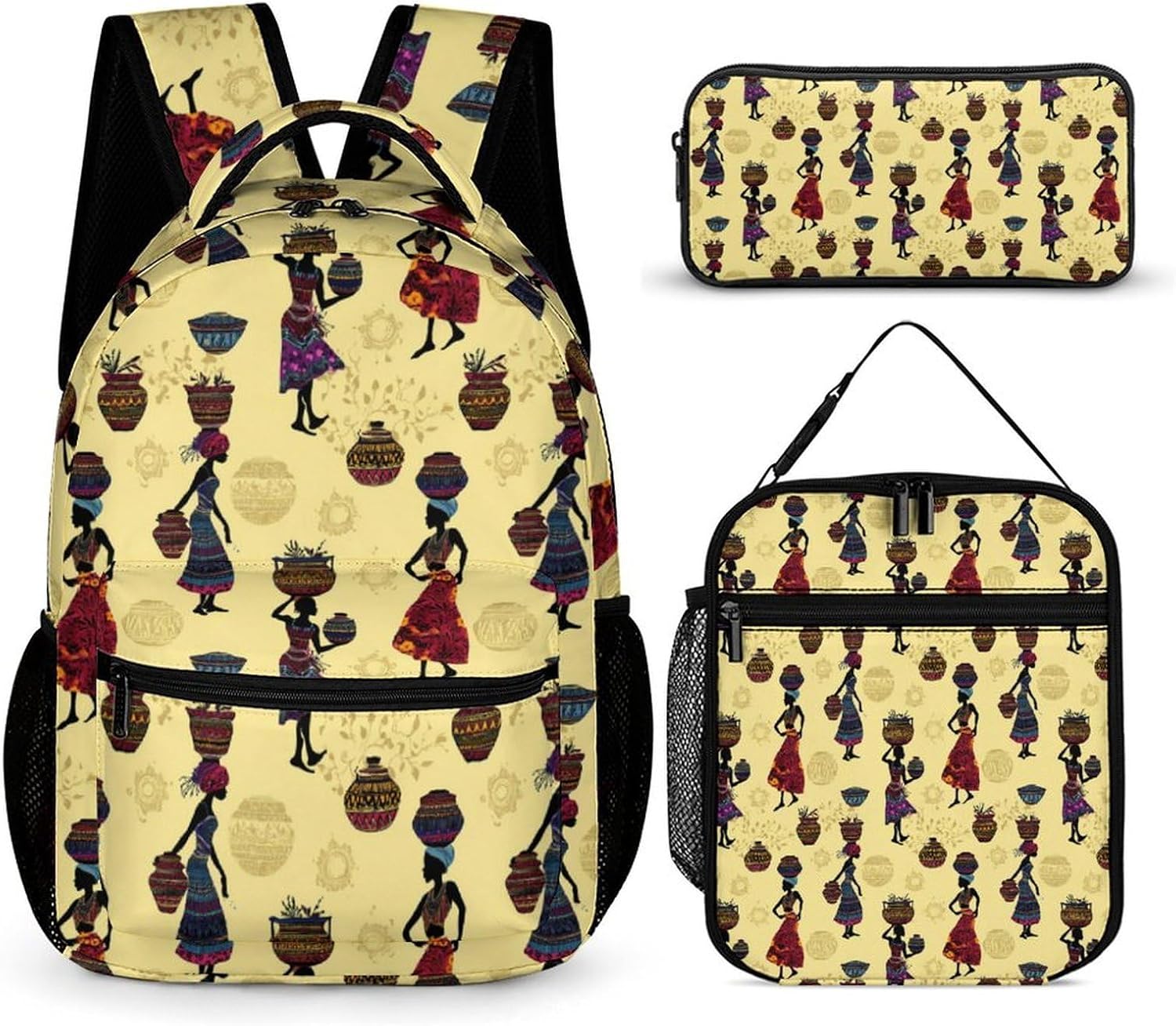Tradional African Women Pattern Funny Backpack 3 Piece Set Daypack with Lunch Bag And Pencil Case for Outside Activities Travel