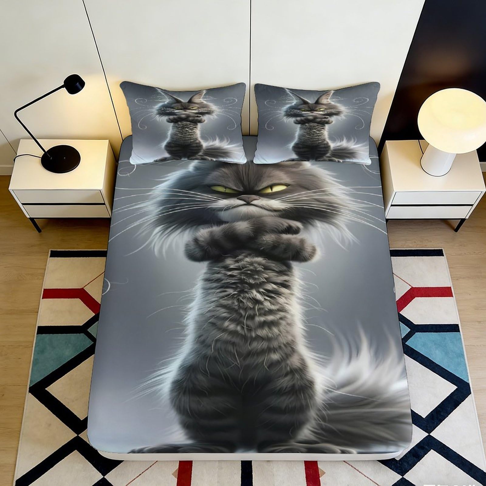 3D Printed Cat Pattern Fitted Sheet Microfiber Deep Pocket Elastic Hem Cat Mattress Fitted Cover Non-Slip Full Wrap Bedding 180x200x25cm