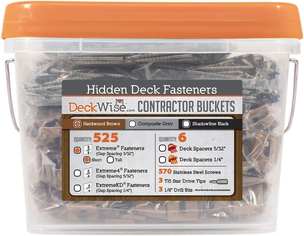 DeckWise (Brown) Ipe Clip Extreme Hidden Deck Fasteners, 3/32" Spacing, Includes Stainless Steel Black #8x2 Trim-Head Screws for 300 Sq. Ft. of AD Hardwood or Thermal Wood Decks (525 Bucket)