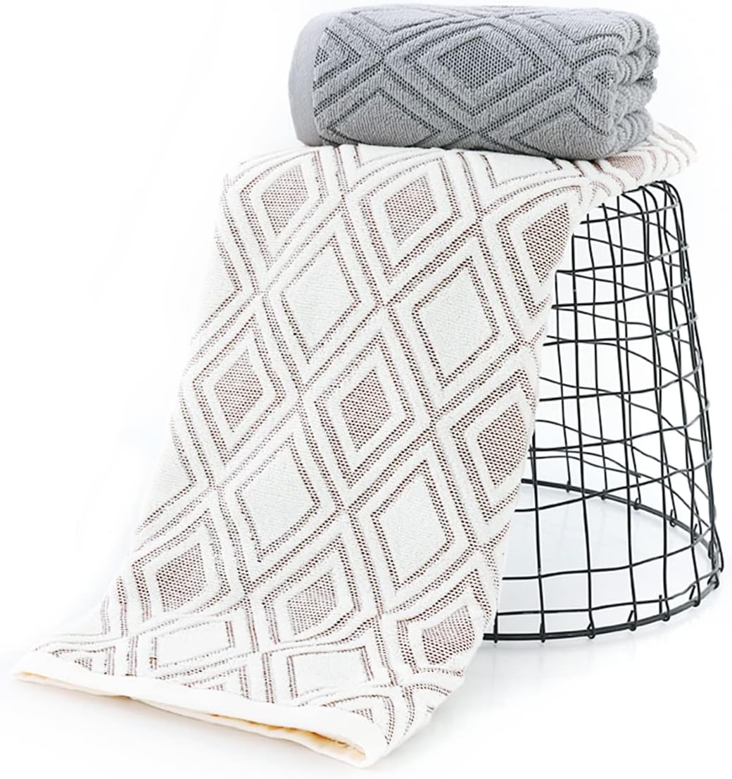 Pidada Bath Towel Diamond Pattern 100% Cotton Absorbent Soft Decorative Towel for Bathroom 27.6 x 55 Inch (Beige Brown) - Image 2