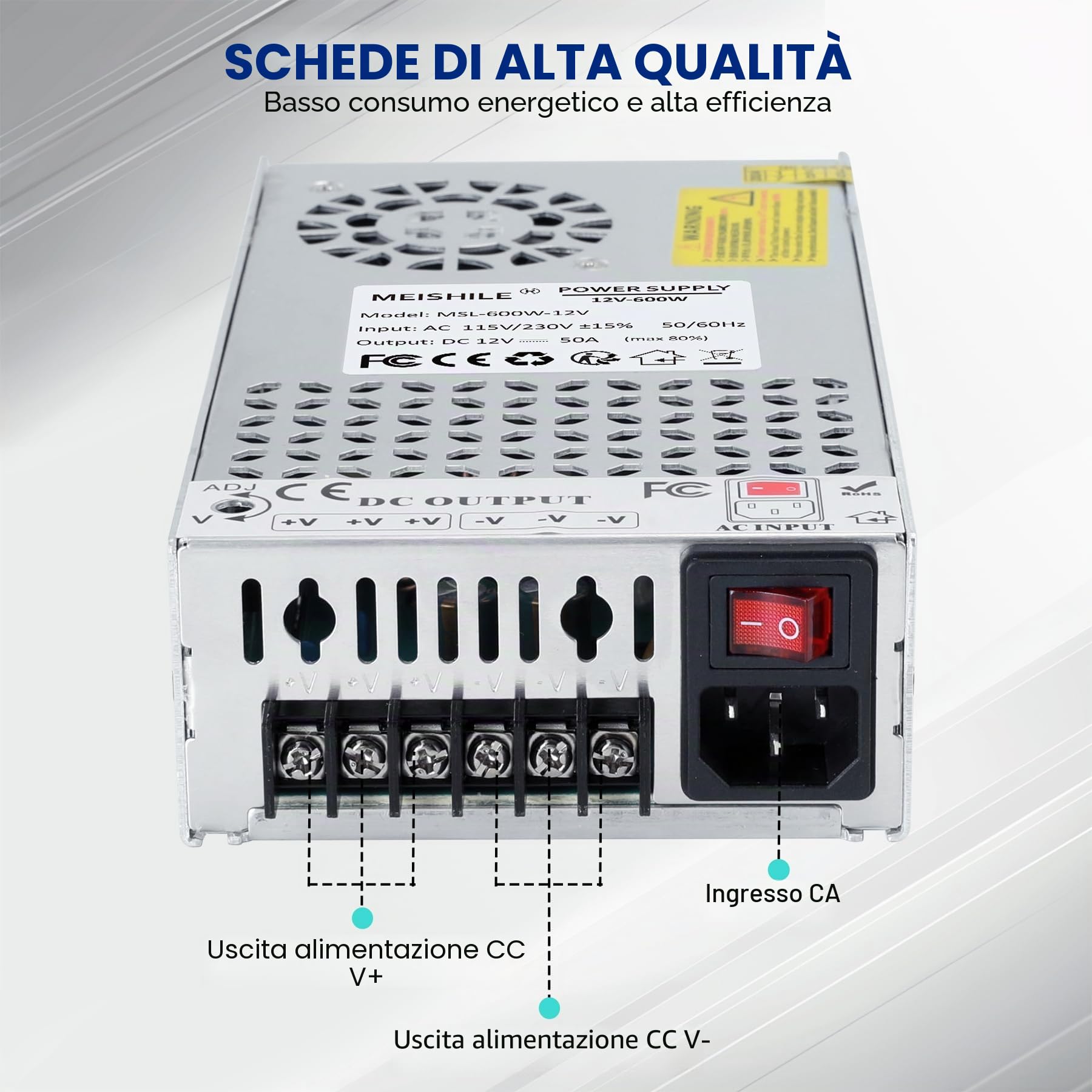 MEISHILE 12V 50A 600W Alimentazione Universale CA a CC Traspermatori Alimentatore Convertitore per Lampada a striscia LED, Amplificatore, Macchina, 230V 220V a 12Volt 5A 10A 20A 30A 40Amp