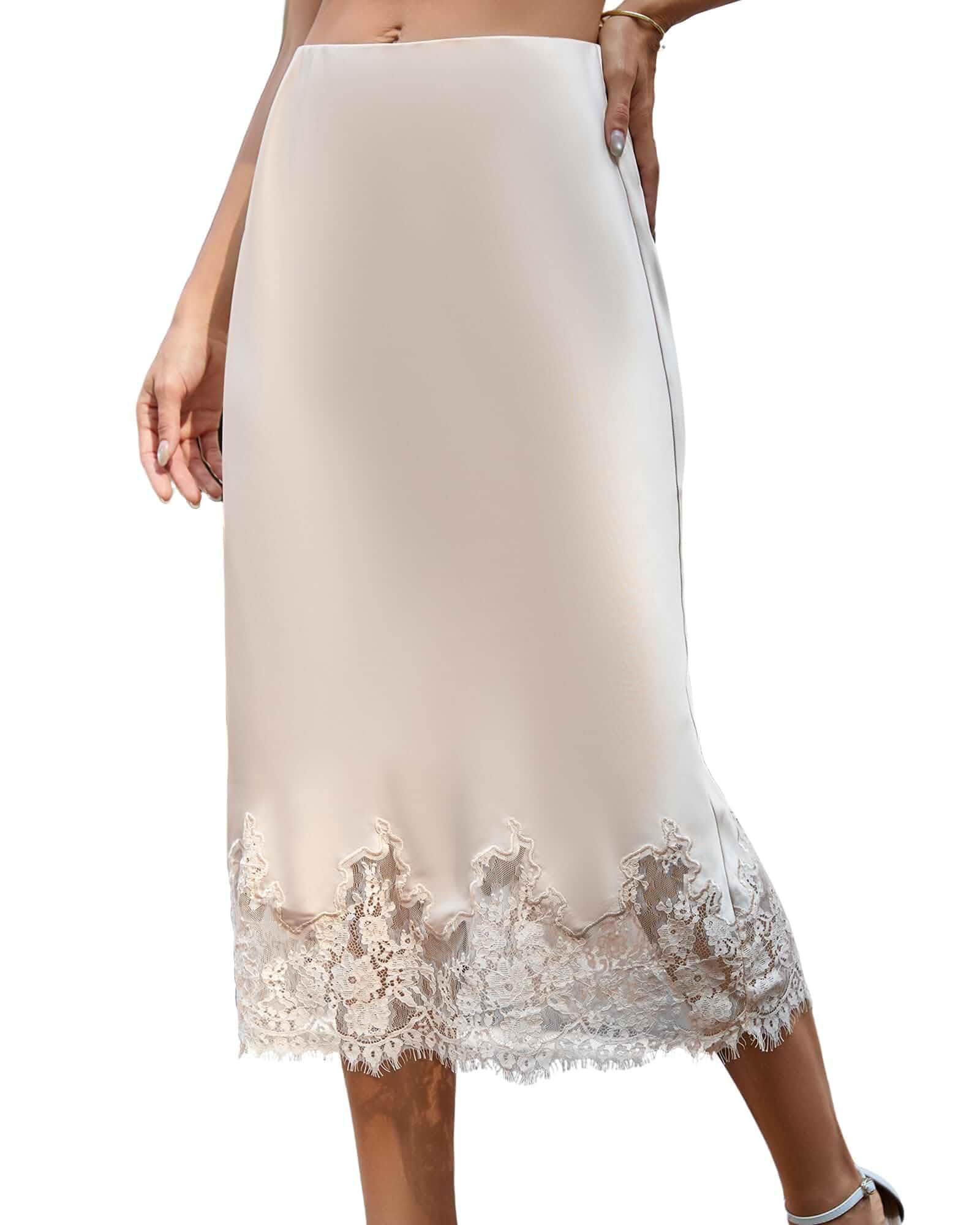 Bsubseach Women Satin Midi Skirt Elastic Waist A-Line Skirt with Lace Trim Fall Silk Long Skirt, Elegant Casual Midi Skirt for Work Business Party