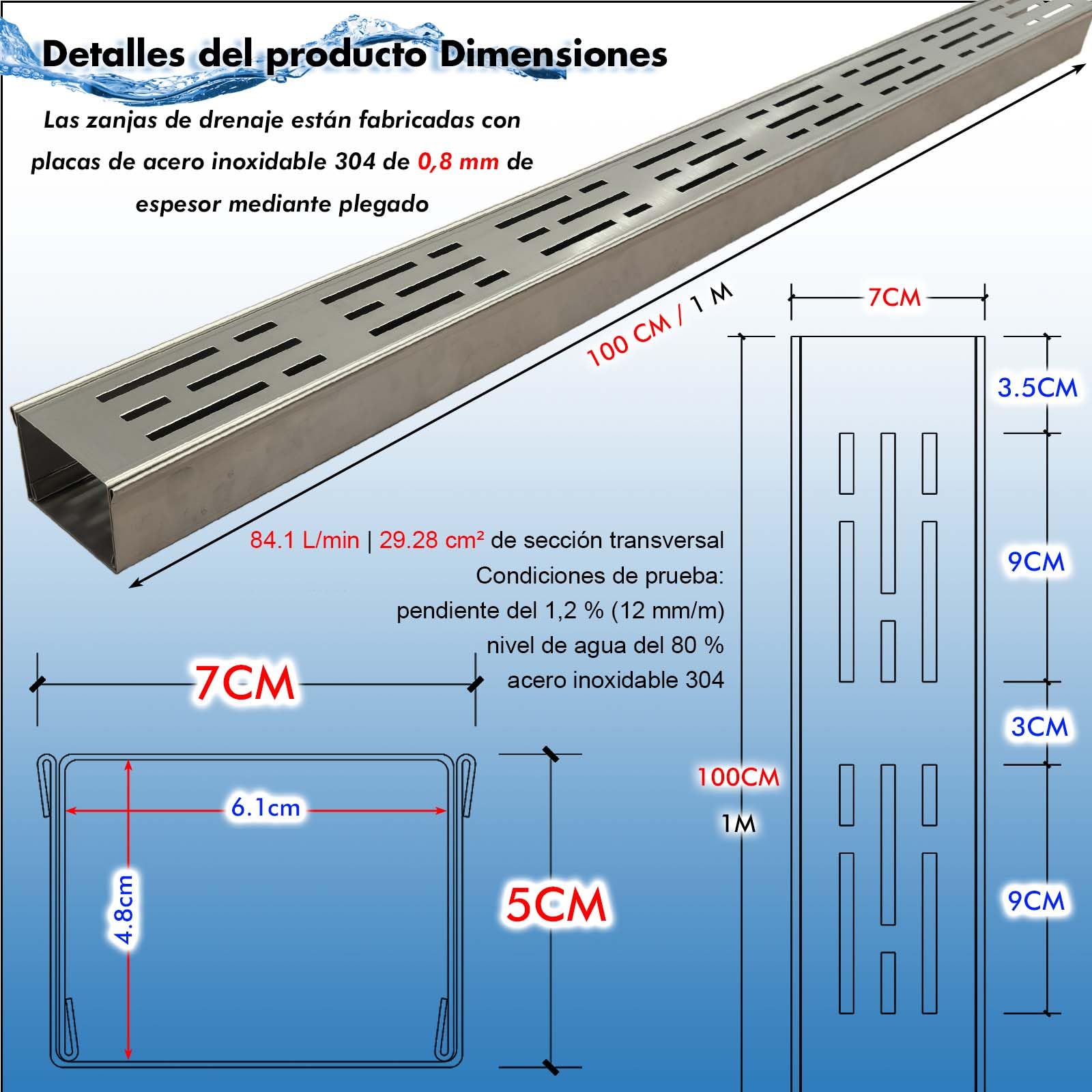 Canaleta Desague con Rejilla 304 Acero Inoxidable, 7 CM de Ancho y 2 M de Largo Canaleta de Drenaje,Rejilla Desague Jardin de Canal para HormigóN, Adoquines, Patios o Caminos Peatonales