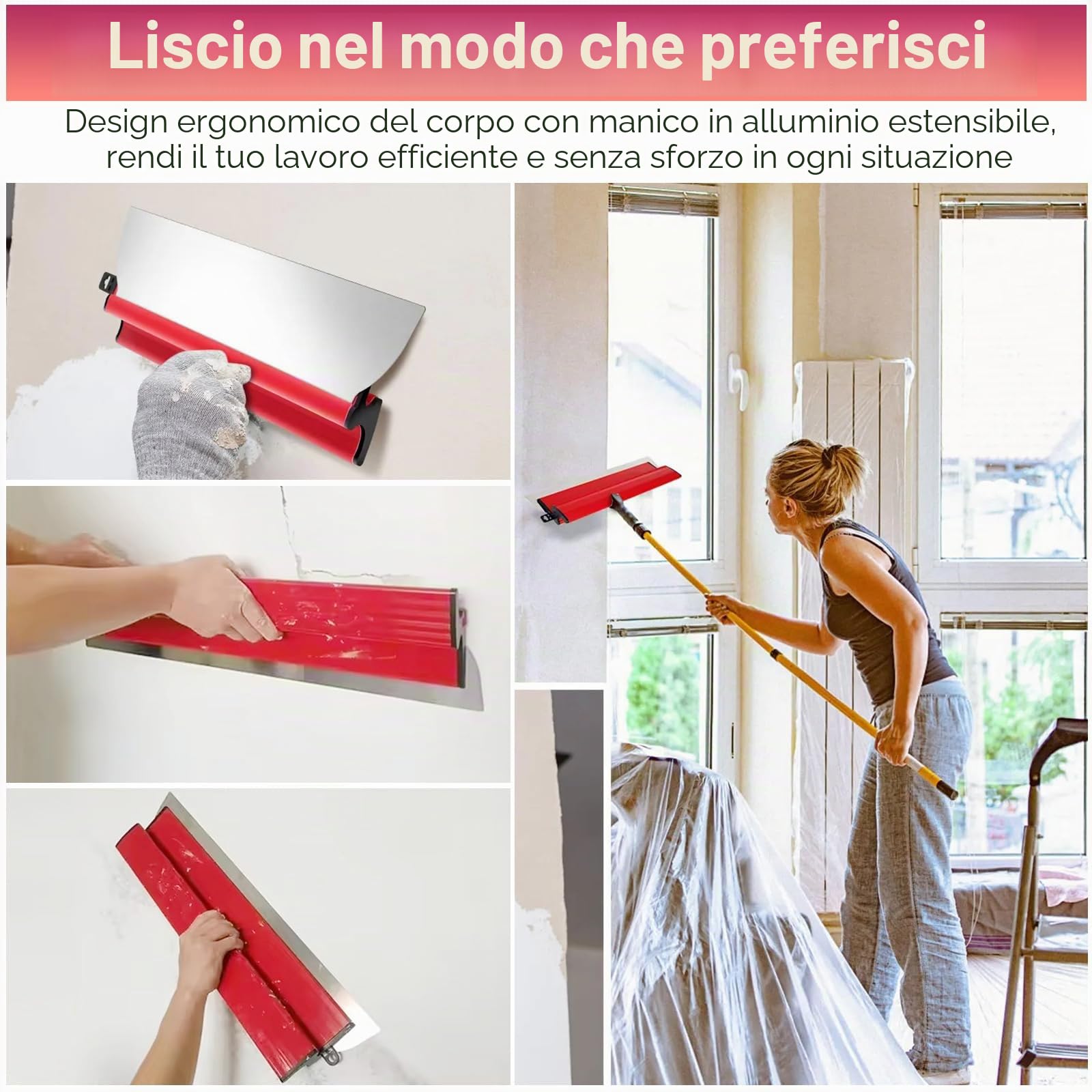 Set di spatole per superfici, 11 spatole (4 attrezzi e 4 lame in acciaio inox sostituibili e asta telescopica da 1,2 m e scatola di trasporto), manico ergonomico, per intonacare pareti e soffitti