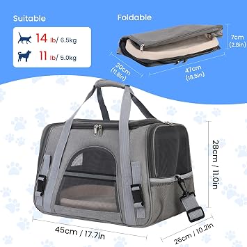 Cat Carrier, Pets Dog Carriers For Travel with Detachable Shoulder Strap & Cozy Mat, 4 Window Mesh Pet Transport Bag for Small-Medium Cats Puppies, Airline Approved- Grey