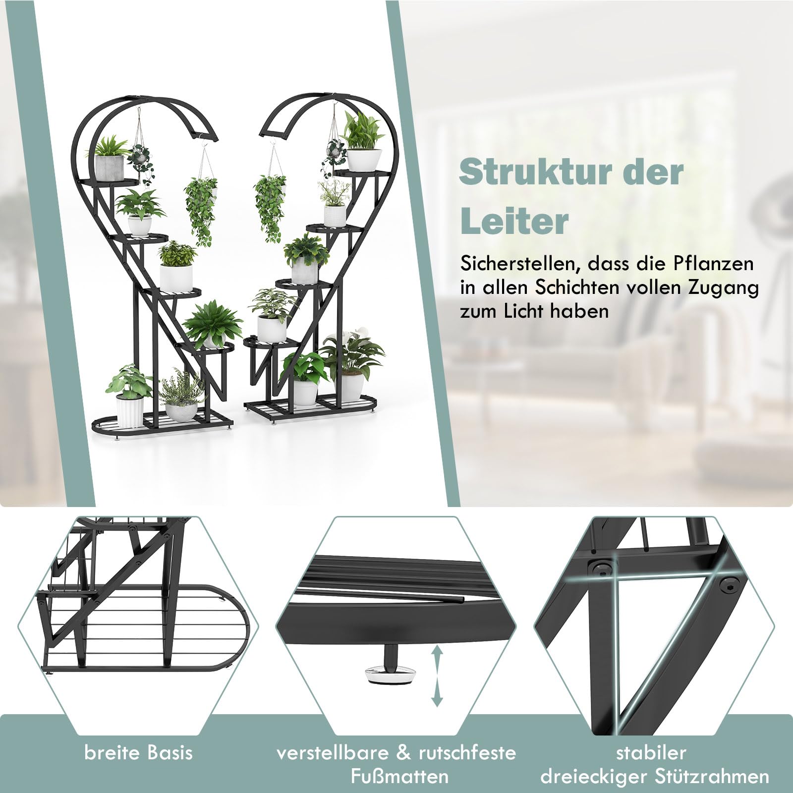 GOPLUS 5-stufiger Metall-Pflanzenständer in Herzform, Pflanzenregal mit 4 Aufhängehaken, Lamellenablagen, wandelbarer Blumenständer, Leiter Pflanzenregal für Wohnzimmer, Balkon (Schwarz)