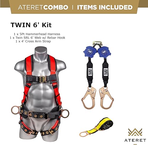 Vista 22 de Palmer Safety Kit doble de 6 pies I arnés de cabeza de martillo de 5 puntos, línea de vida doble autorretráctil, correa de brazo cruzado de 4 pies I
