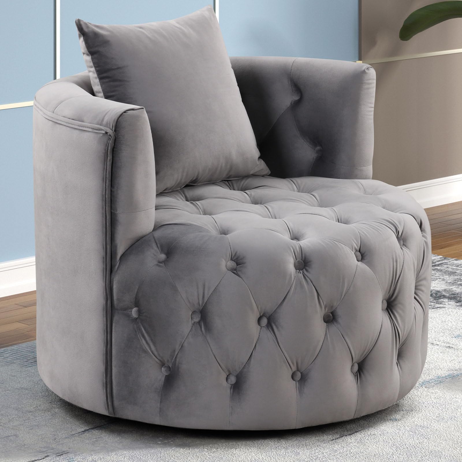 INZOY Swivel Barrel Chair with Velvet Fabric, Swivel Accent Chair Modern Chair with Plump Pillow, Comfy Round Accent Chairs Swivel Chair for Living Room Bedroom, Grey