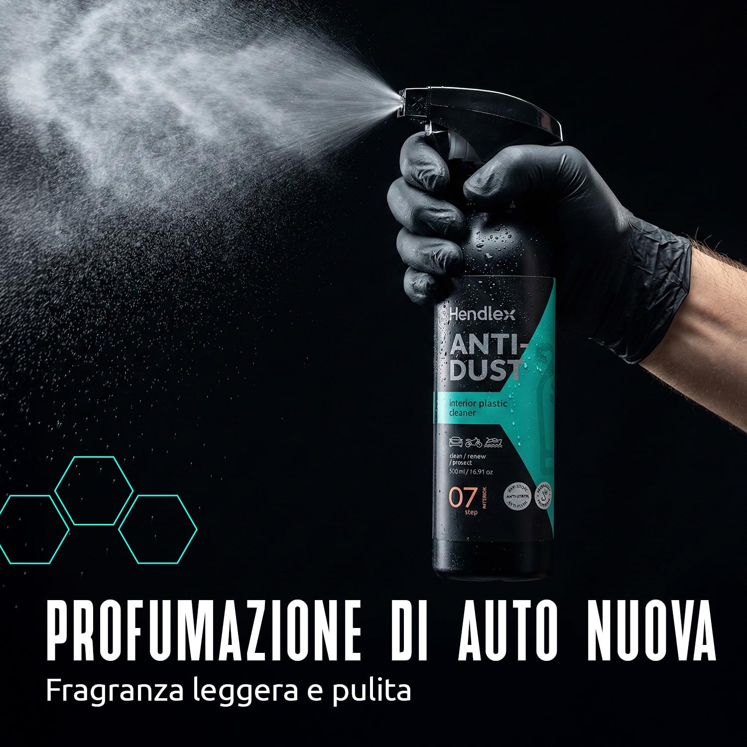 Hendlex Anti Dust Pulizia Interni Auto Antistatica - Pulisci Cruscotto Auto Opaco e Non Unge - Pulitore Interni Auto Professionale per Plastiche - Spray Cruscotto Auto con Panno (500ml)
