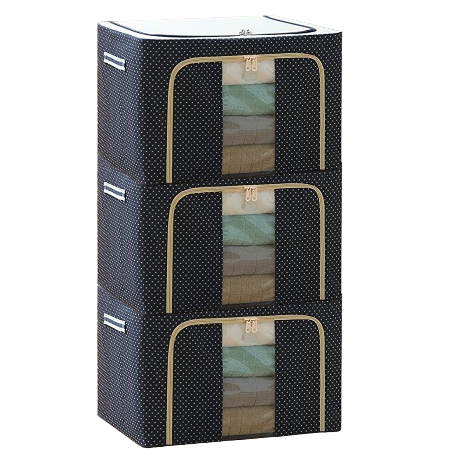 R Runilex Clothes Storage Box Foldable Steel Frame Clothes Organizer Storage Box for Wardrobe, Saree, Shirts, and Blankets (Oxford Fabric, Polka Dots Navy Blue Color) (44 Ltr - Pack of 3) (B0CV7TM25F) Amazon Price History, Amazon Price Tracker