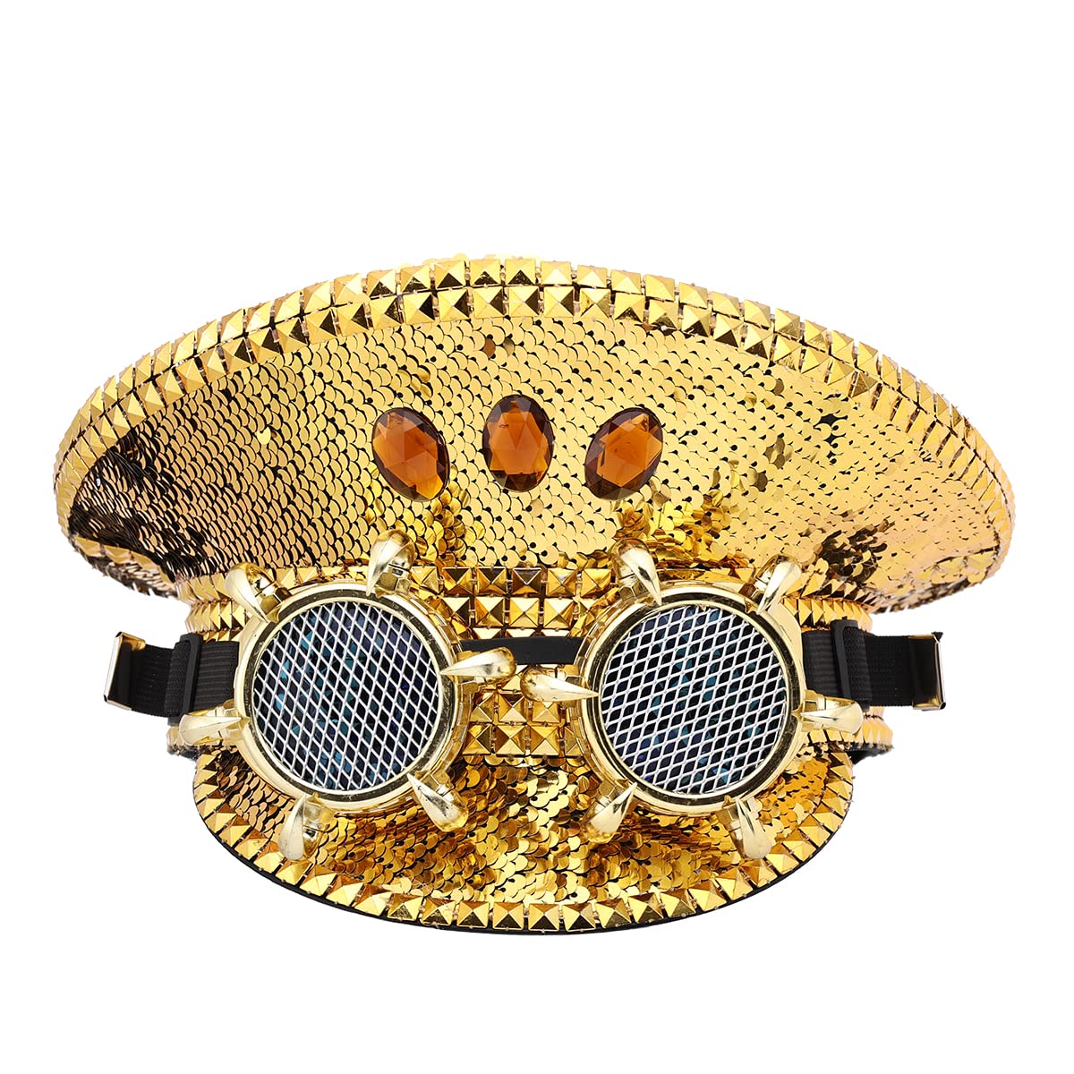 COSDREAMER Men's Steampunk Top Hats Sequin Goggles Military Cap Punk Halloween Classic Army Military Cap (Gold 1)