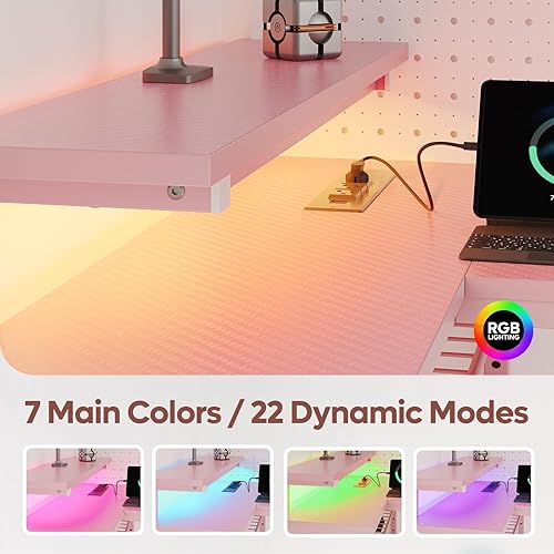 Miniatura 31 de Bestier Escritorio en forma de L de 58 L con tomas de corriente, escritorio esquinero para oficina en casa con estantes reversibles y luces LED,