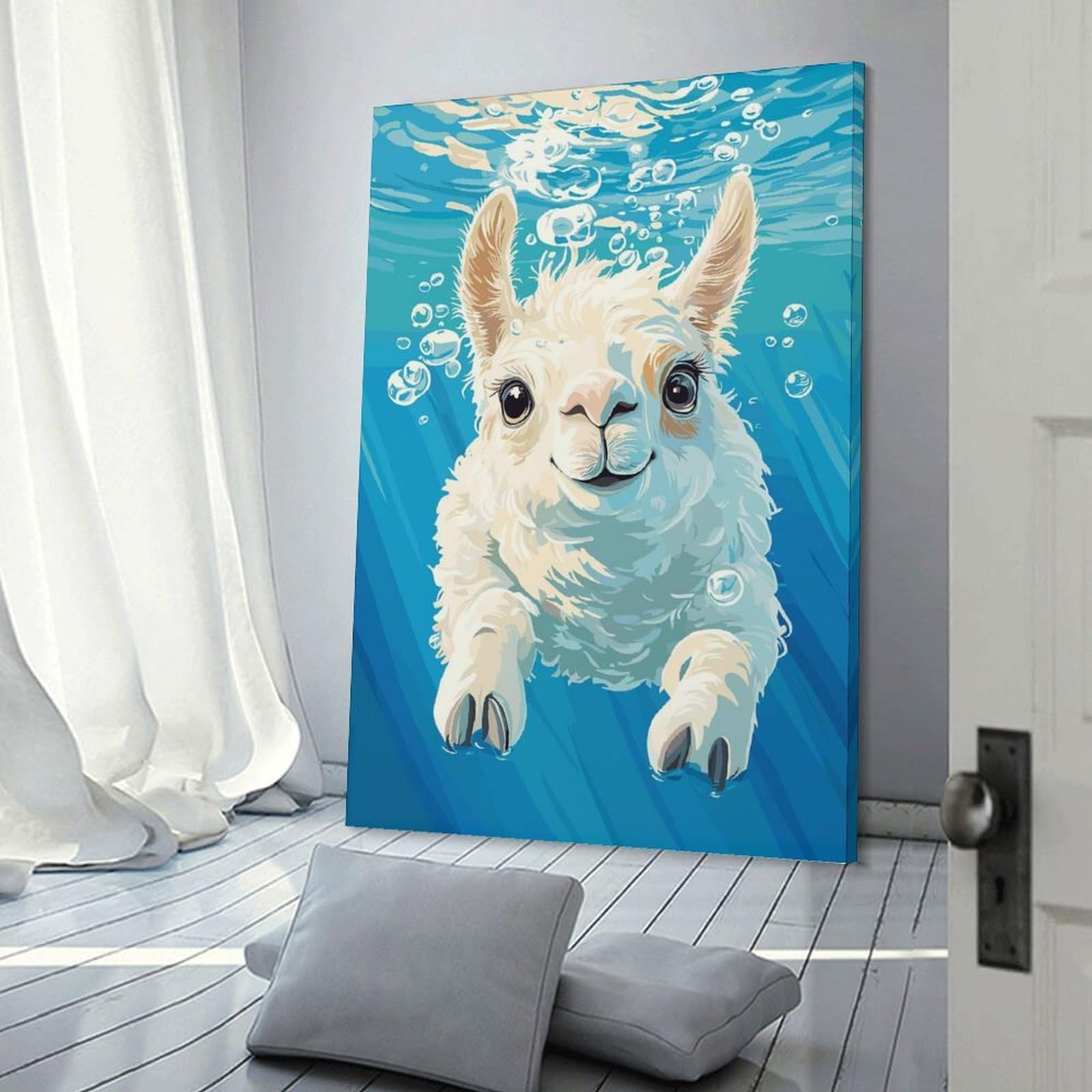 Junmoney Frame-Style-6 Underwater Llama Portrait Decorative Canvas Print, 20X30inch(50X75cm), For Home, Office, Studio Or Guest Room, Versatile Wall Decor For Many Rooms