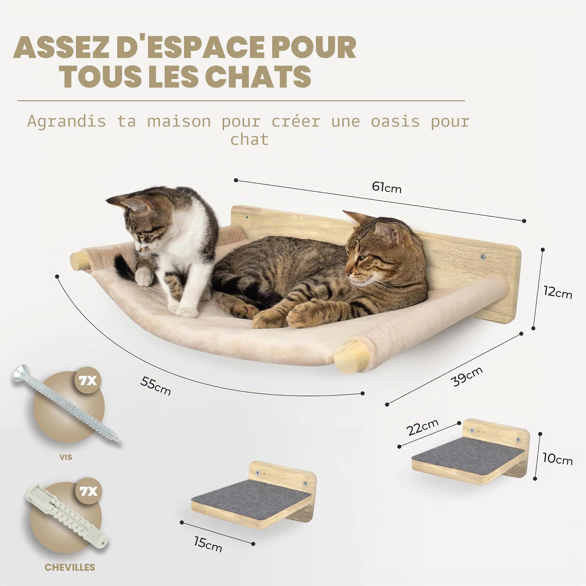 WOOWOOD Arbre à Chat Mural avec hamac, 2 escaliers muraux, Parcours Mural pour Chat intérieur, Bois, Naturel foncé