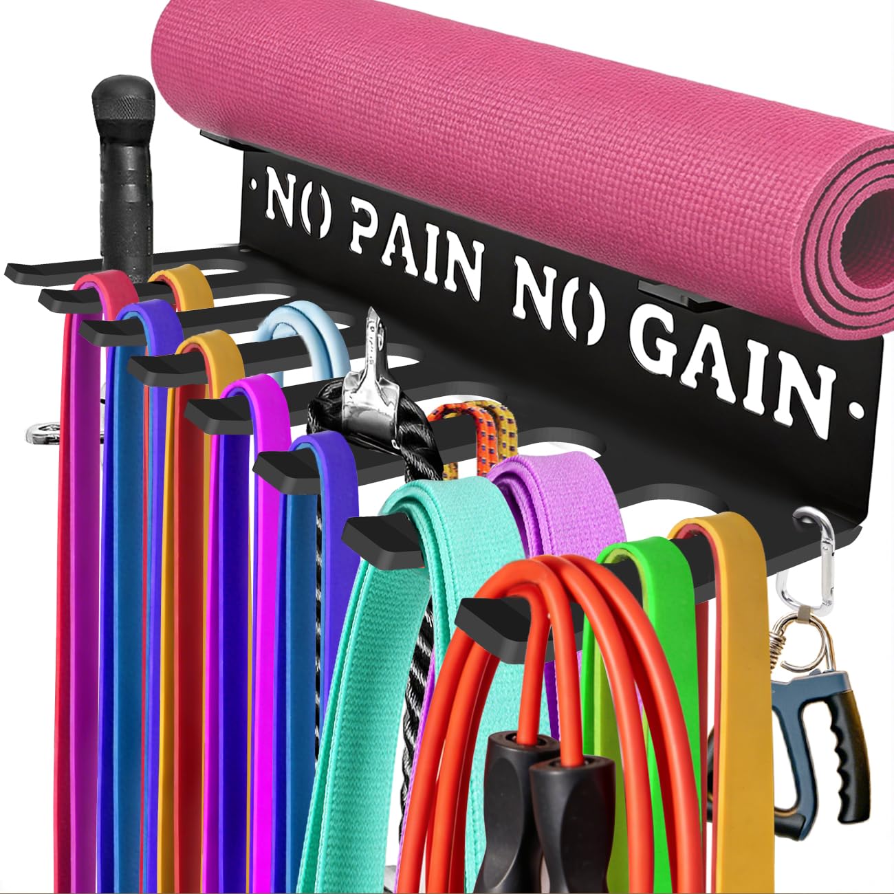 Gym Home Rack 8 Hook Heavy-Duty Wall-mounted Organizer Multi-Purpose Workout Gear Wall Hanger Storage for Resistance Bands Jump Ropes Lifting Belt Fitness Bands Barbells Carabiners Included