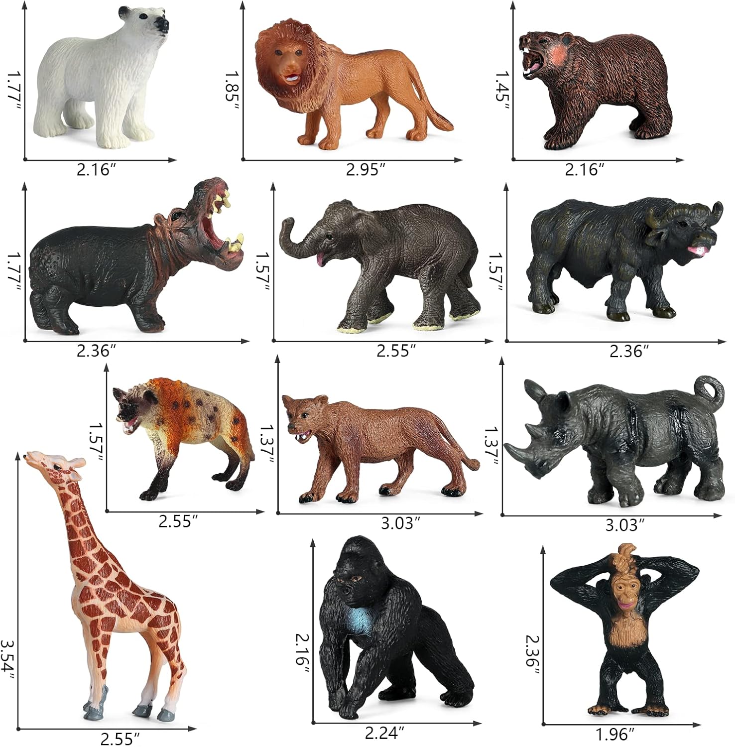 SIENON 12pcs Wild Animals Figure Toys with Cards, Plastic Realistic Zoo Jungle Safari Figurines with Elephant Lion Giraffe Bear Gorilla Hippo for Kids Educational Learning Party Favors Cake Decoration