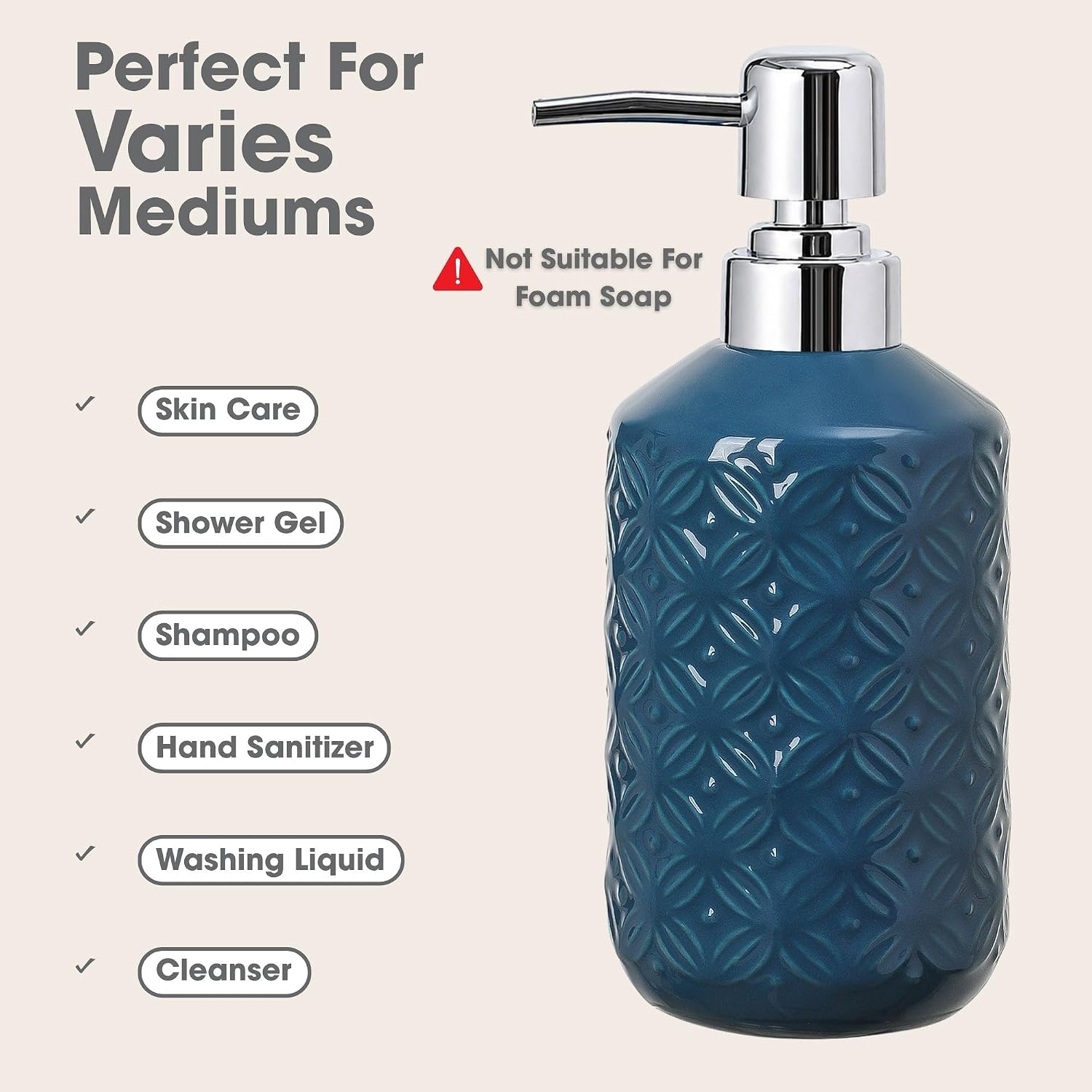 FE Soap Dispenser, 13.5oz Ceramic Soap Dispenser with Vintage Emboss Design, Refillable for Kitchen & Bathroom (Blue) image 3