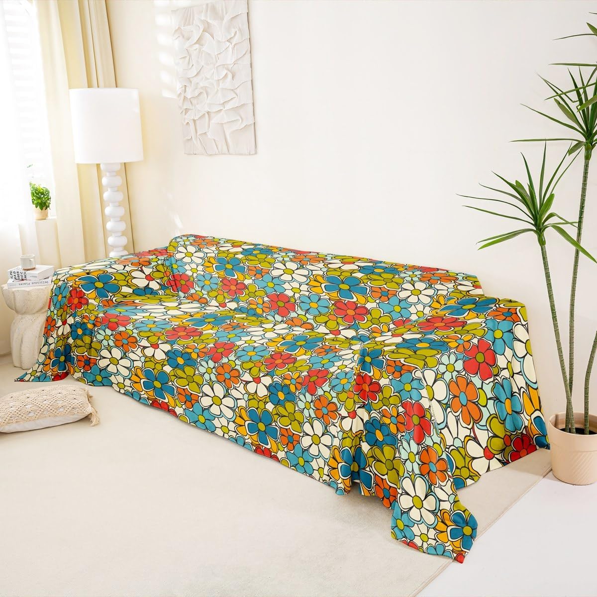 jejeloiu Retro Hippie Flower Sofa Covers Washable 60S 70S Groovy Cushion Couch Covers for Dogs Cats Pets Cartoon Vintage Boho Plant Floral BotanicalFurniture Slipcovers Non-Slip Green Blue,71" X118"