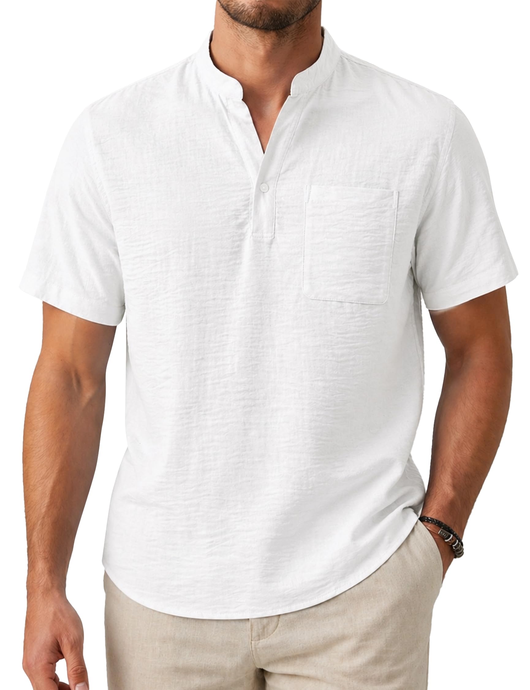 Enlision Chemise Homme Manches Courtes Lin et Coton, Chemises Été sans Col en V Léger à Bouton et Poche Poitrine, Tenue Décontractée Plage Casual T Shirt Taille S-4XL