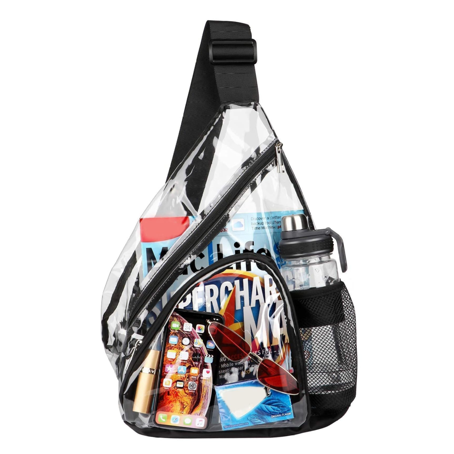 Peosaard Unisex Black Clear Crossbody Backpack, Clear Sling Bag Stadium Approved Men Women Pvc Chest Bag Shoulder Backpack With Water Bottle Pocket And Adjustable Strap For Concert Stadium, Crossbody