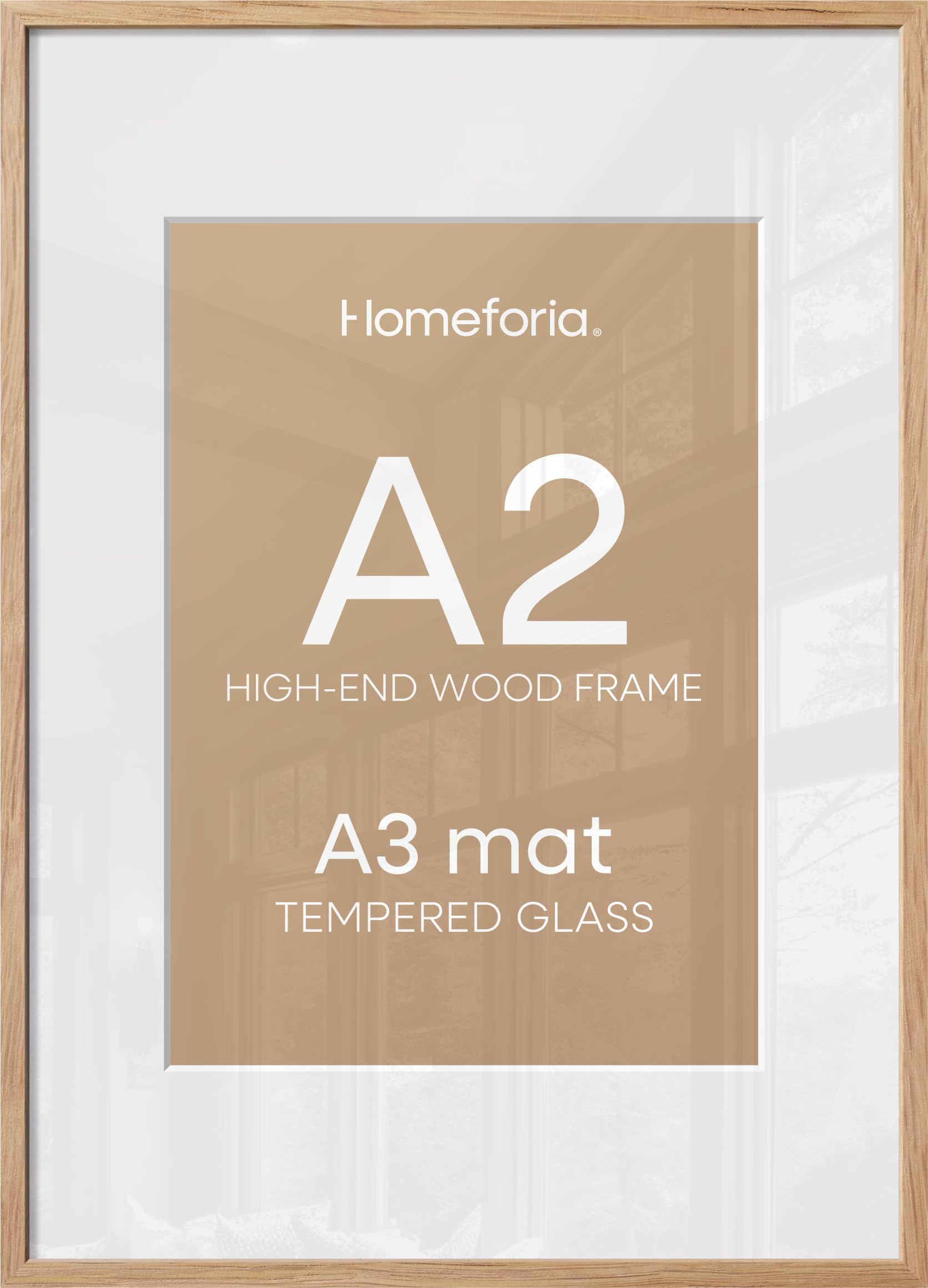 Homeforia A2 Natural Oak Picture Frame, High-End Wood, A3 Mat, Glass | High End Solid Oak Wood, Tempered Glass, Acid-Free A3 Removable Mat, A2 Edge-to-Edge Display, Wall Kit, Set Of 2