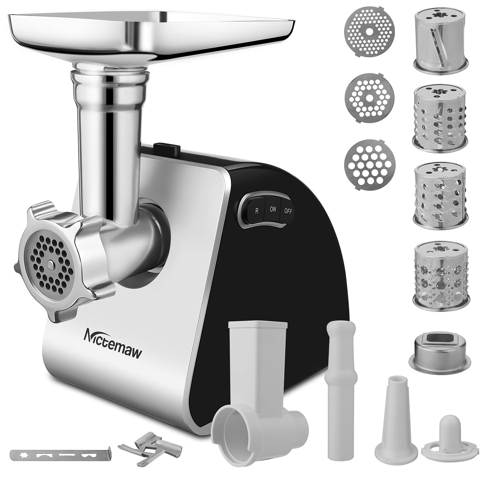 COOCHEER Elektrische vleesmolen, 1500 W, 3-in-1 roestvrij stalen vleesmachine met 3 gatschijven, worstvulling en kibbe-opzetstuk, worstmachine, keukenmachine voor de keuken thuis