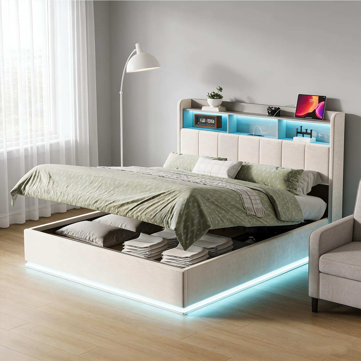 Letto contenitore imbottito 160x200 con LED e USB,Letto matrimoniale con idraulica contenitore,Lettos a pavimento imbottito con doghe,Testiera con vano portaoggetti, Bianco (160 x 200 cm)
