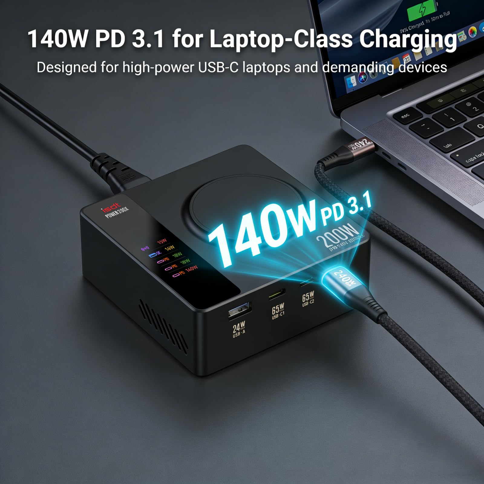 LIMETA MD200X - Stazione di ricarica USB C da 200 W: 140 W PD3.1 blocco di ricarica rapida per iPhone 17/17 Pro, caricabatterie rapido da tavolo 5 in 1 con MagSafe e display LCD (100-240 V)