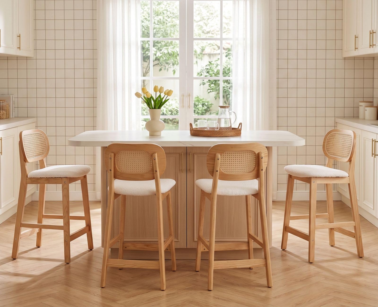 chairus Set di 2 Sgabelli da Cucina in Legno Sgabelli da Bar in Pelliccia Sintetica Sedie Alte con Schienale in Rattan Sgabelli Imbottiti per Bar/Sala da Pranzo/Banco, Beige