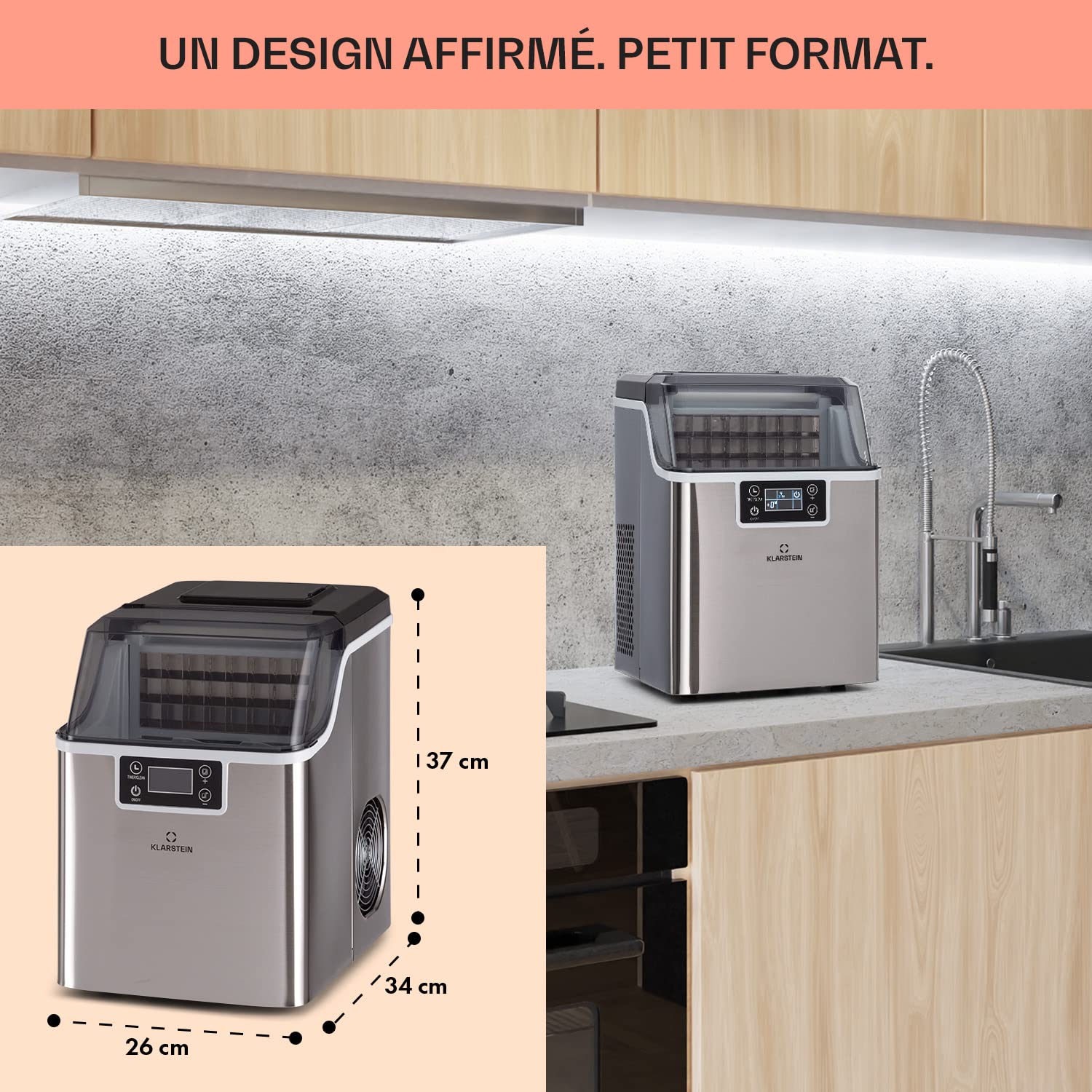 Klarstein Machine a Glacons, Machine à Glacons pour la Maison, Machine a Glacon 3,2 litres, Fonctionnement Rapide, Ice Maker 20kg de Glace, Petits et Grands Glaçons, Machines à Glaçons Autonettoyante
