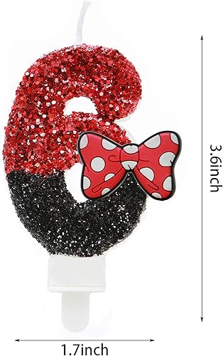 Miniatura 10 de Vela de cumpleaños número 2, velas de número de lentejuelas rojas y negras con lazo rojo de la segunda vela de purpurina