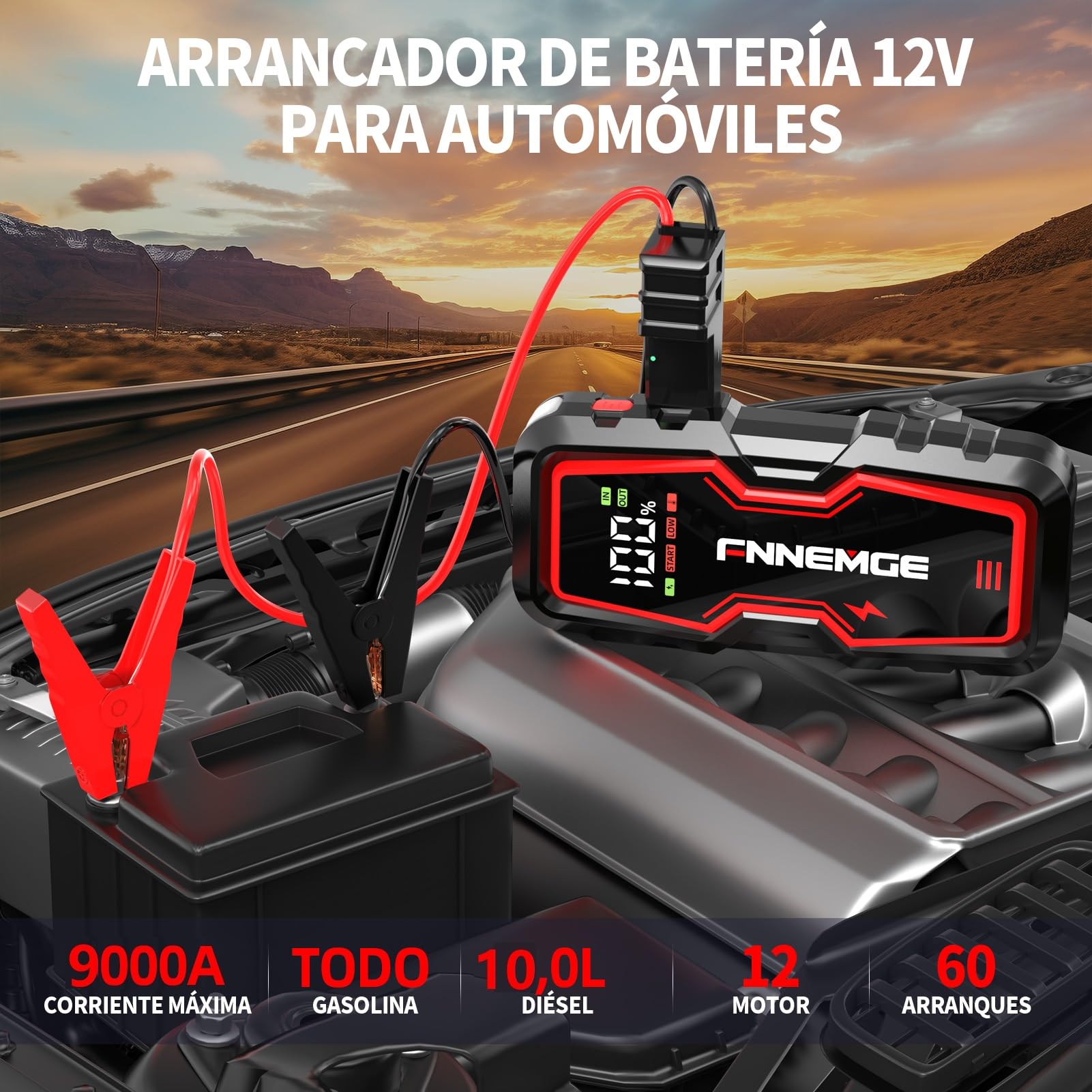 FNNEMGE Arrancador de Coches, 9000A 26800mAh Arrancador Batería Coche (para Todo vehículo de Gasolina o 10,0L de Diesel),Booster Bateria, con Puerto de Salida USB, Luz LED, Pantalla Grande HD.