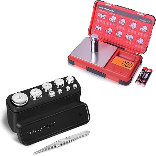 Fuzion Báscula de bolsillo de 0.00 oz7.05 oz, escala de gramos con conversión de 6 unidades, escala pequeña + kit de peso de calibración de acero