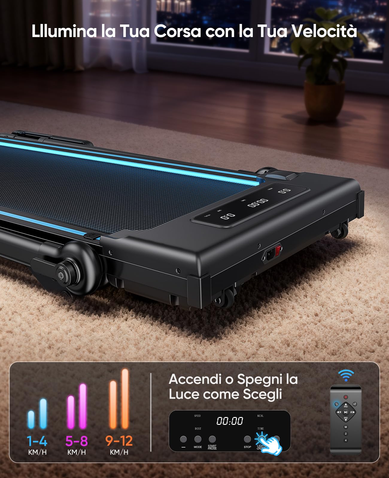 Tapis Roulant Elettrico Piehevole, 6 IN 1 Tapis Roulant Salvaspazio 1-12km/h con Inclinazione 12%, 3,0 HP, Maniglia Telescopica da 15 cm e Cintura Luminosa RGB, Carico Massimo 150 kg