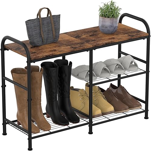 Miniatura 1 de CADUKE Estante de almacenamiento de zapatos de 3 niveles, marrón, metal y madera de ingeniería, 24 pulgadas de alto x 34 pulgadas de ancho x 12