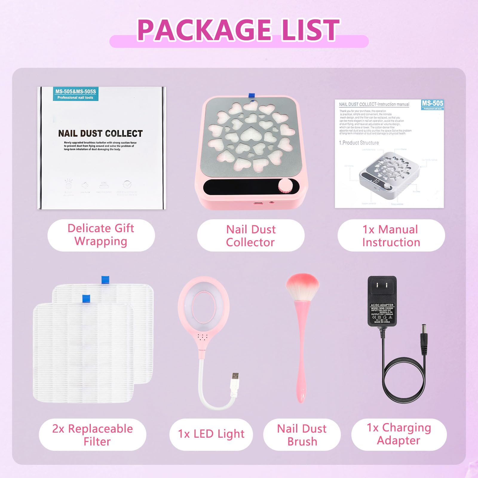 Nail Dust Collector, Dust Collector Nail Tech with LED Light & 2Pcs Reusable Filters & Cleaning Brush - Image 2
