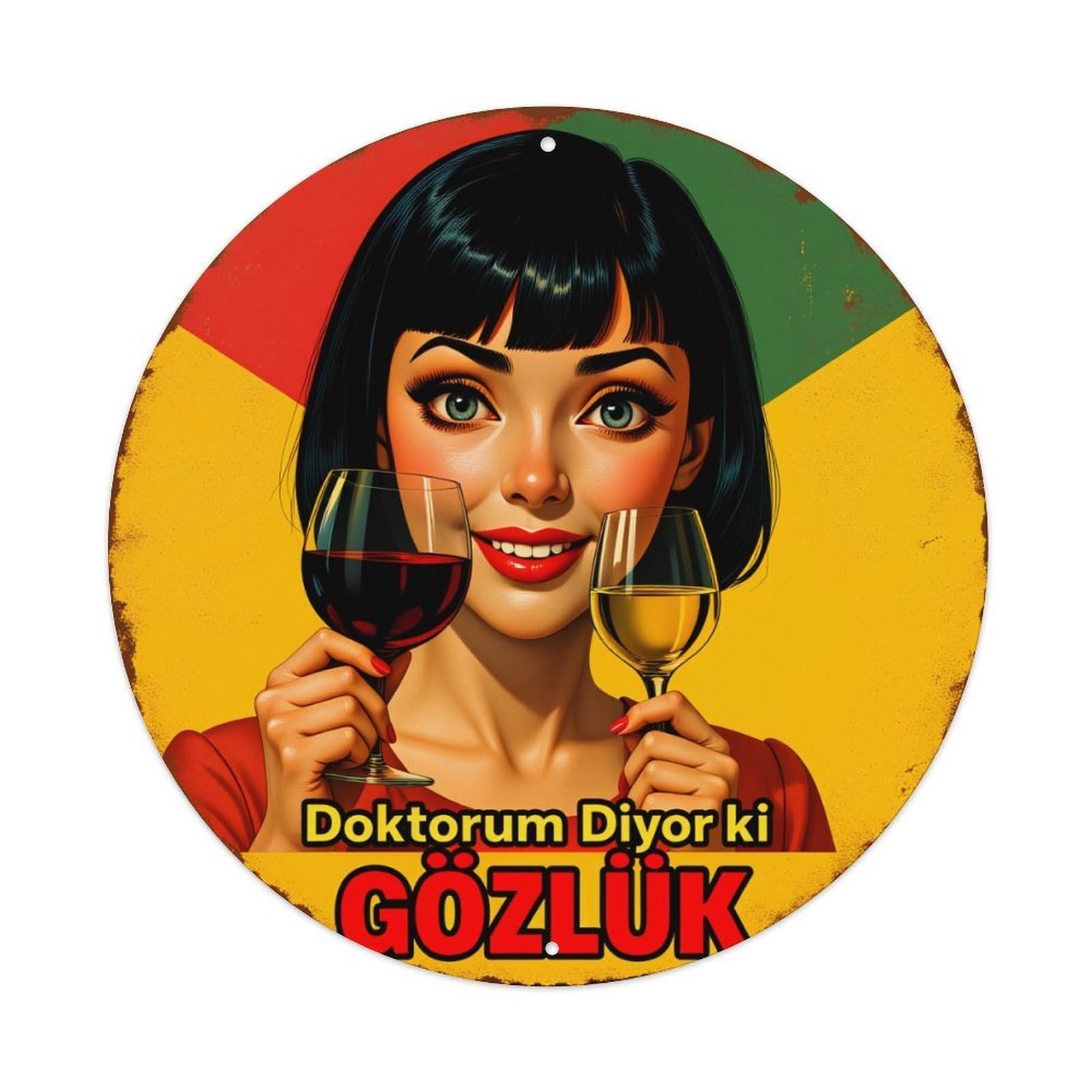 Woman Holding Wine Glasses Vintage Metal Tin Sign Retro Wall Decor for Home Bar Garage Cafe, Indoor & Outdoor Decorative，circle Metal Poster, 8x8 Inch