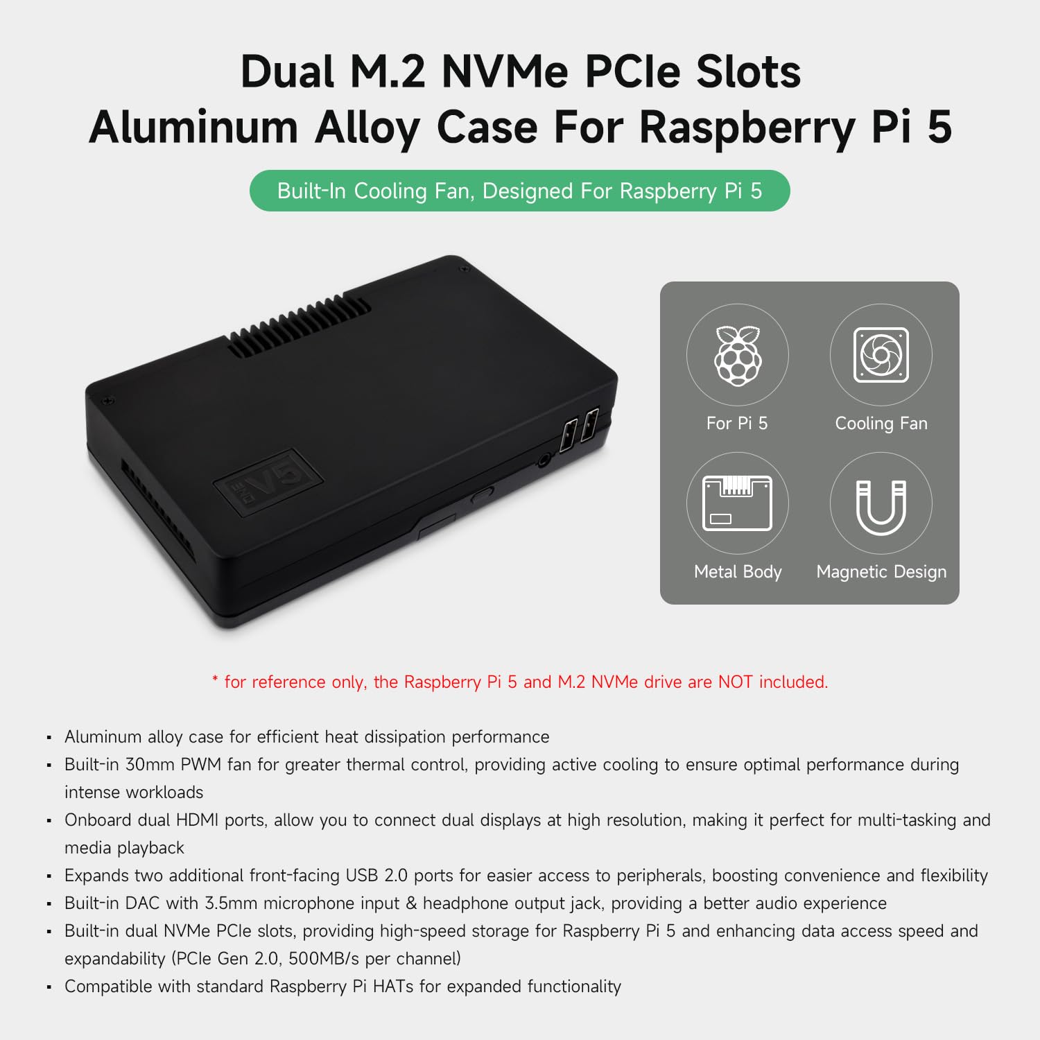 Waveshare ARGON ONE V5 Case For Raspberry Pi 5, Dual M.2 NVMe PCIe Slots, Aluminum Alloy Case, Built-in Cooling Fan, Compatible With Standard Raspberry Pi HATs