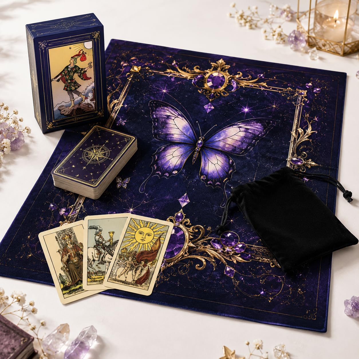 3Pcs Tarot Cloth, Tarot Card Cloth, Purple Butterfly Tarot Cloth, Classic Tarot Deck and Storage Pouch, Complete Divination Tarot Accessories for Beginners-image-17