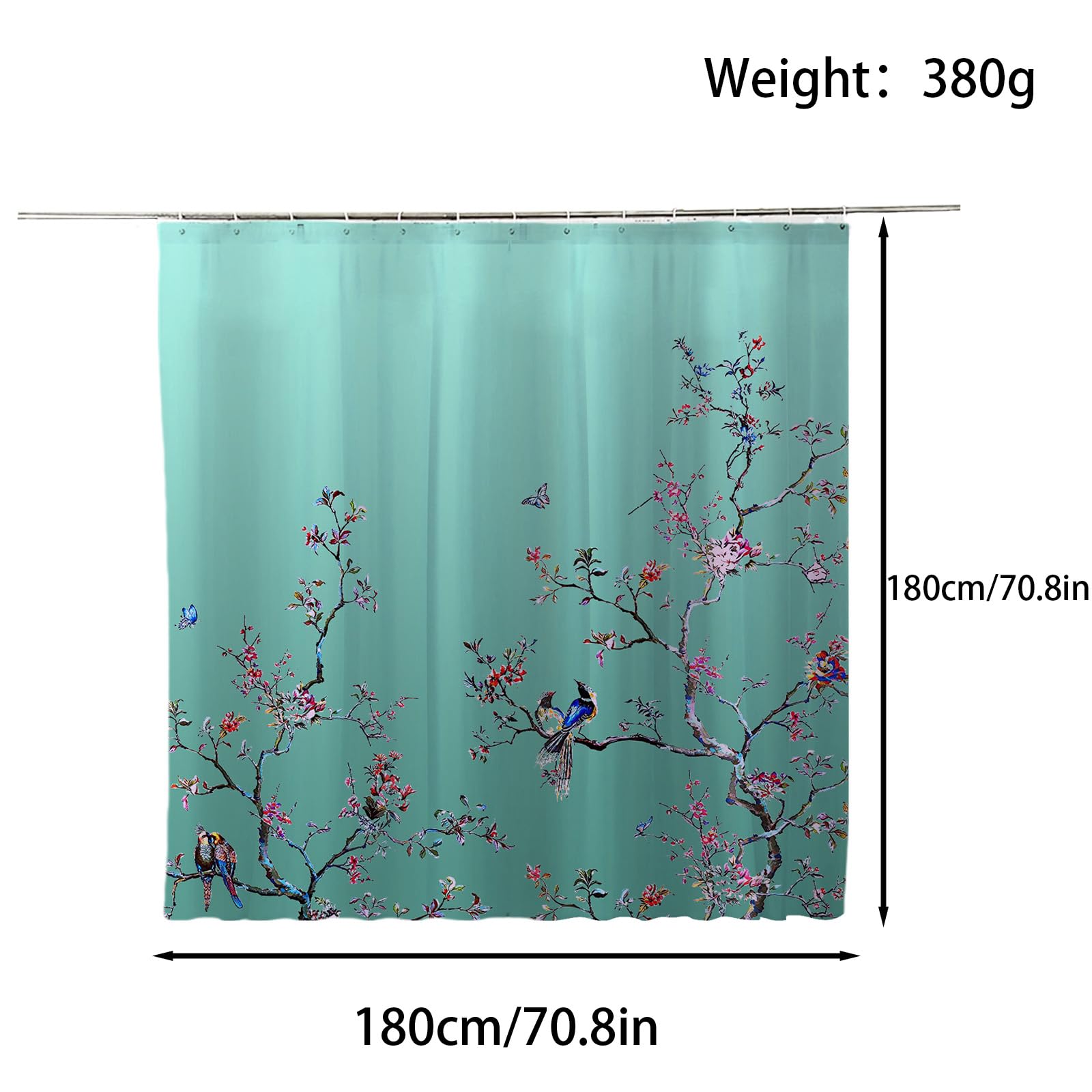 FAIRYGATE Shower Curtain Green Bird Floral 180cm × 180cm Mould Proof Butterfly Fabric Bathroom Curtain For Women & Men With 12 Hooks Washable Quick-Drying Curtains B8714 - Image 2